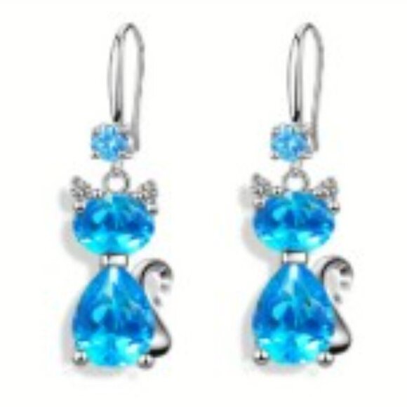 Chic Silver-Plated Blue Cat Earrings - Picture 4 of 4